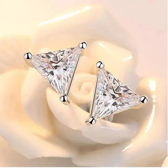NEW 925 Sterling Silver Diamond Triangle Earrings - Picture 3 of 6